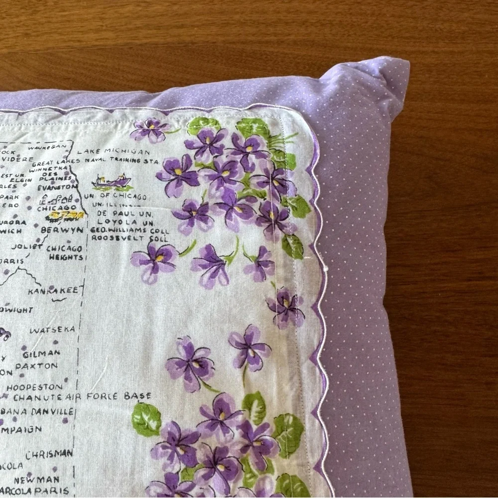 Vintage Illinois Handkerchief Pillow Violets Shabby Chic Retro Country Decor